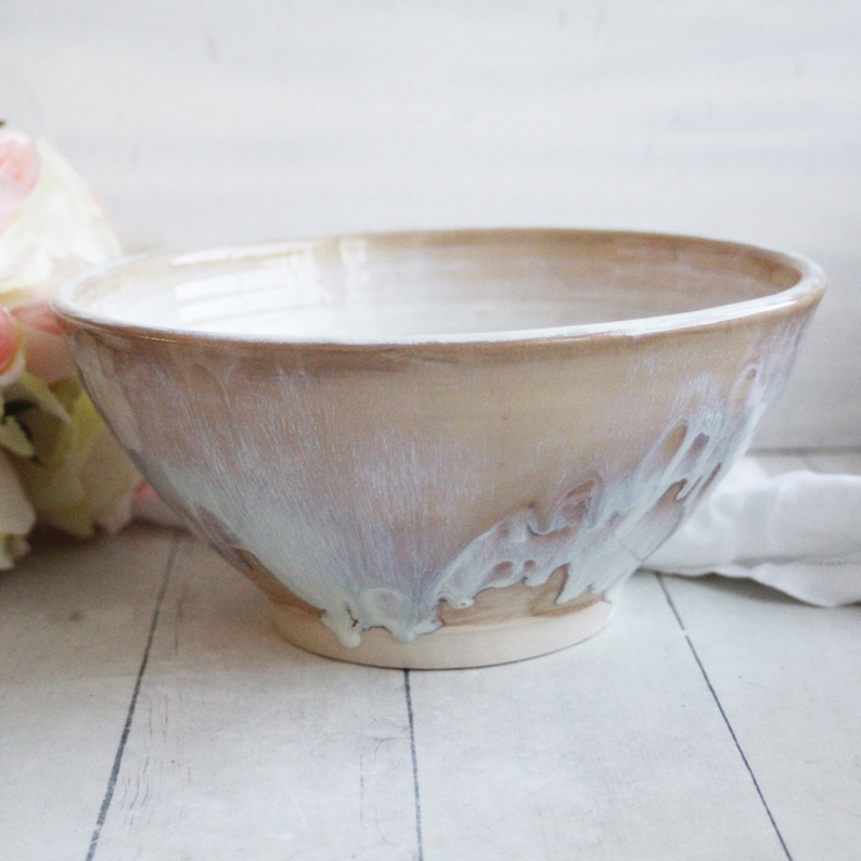 Rustic Stoneware Serving Bowl with Dripping Glazes in White and Ocher, Discounted Second Ceramic Bowl Handcrafted Pottery Made in USA image 7