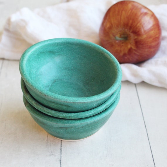 Set of Three Copper Green Pottery Bowls Handmade Rustic Kitchen
