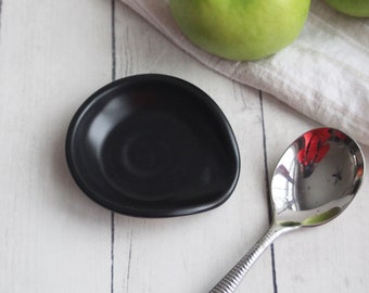 Small Pottery Spoon Rest: Modern Black Satin Glaze, Handmade USA