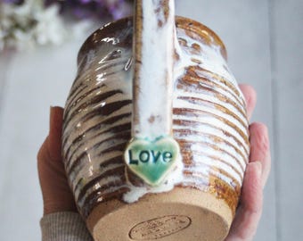 White Glazed Coffee Cup on Brown Speckled Stoneware, Handmade Love Mug, 14 oz., Rustic Pottery Cup Ready to Ship Made in USA