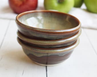 Set of Three Small Rustic Ceramic Bowls In Sage and Amber Glaze Handmade Stoneware Bowls Ready to Ship Made in USA