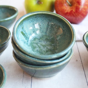 Set of Three Small Rustic Ceramic Bowls in Textured Green Glaze, Kitchen Prep Bowls Handcrafted Made in USA Ready to Ship