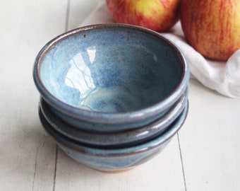 Prep Bowls - Set of Three Small Rustic Bowls - Stormy Blue Stoneware Ceramic Bowls - Handmade Stoneware Dipping Bowls - Specked Pottery