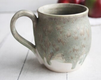 Matte Camo Green and White Stoneware Mug, Rustic Pottery Coffee Cup, Ready to Ship Made in USA