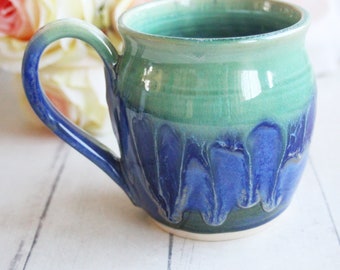 Pottery Mug in Dripping Green and Blue Drippy Glazes, Handmade Ceramic Coffee Cup 16 oz. Made in USA Ready to Ship