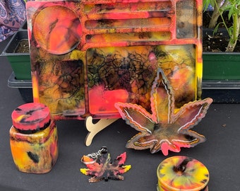 Red & Yellow 5pc resin rolling tray set