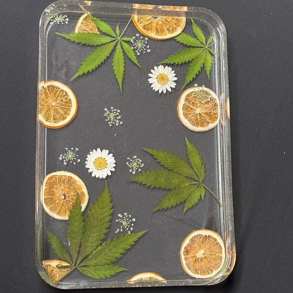 Real Marijuana leaf Orange slices White flowers resin rolling tray