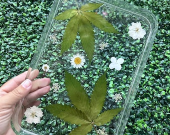 Real Marijuana Leaf floral rolling tray white