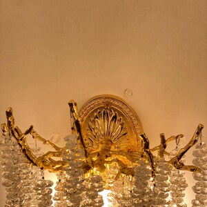 May include: A gold-toned wall sconce with a crystal chandelier design. The sconce features a decorative, ornate, circular backplate with a floral design. The sconce has a branch-like design with cascading crystal beads.