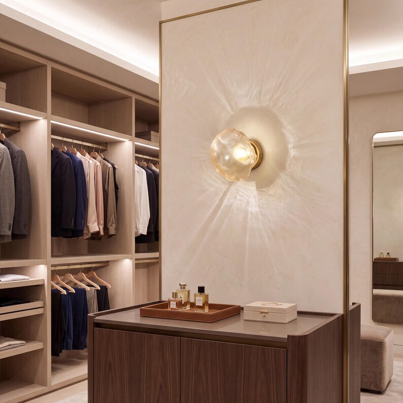 May include: A wall-mounted light fixture with a spherical, textured amber glass shade that emits a warm glow, casting radial light patterns onto a light-colored wall panel above a dark wood cabinet with perfume bottles.