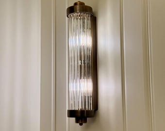 Handcrafted Ribbed Glass Brass Wall Sconce | Art Deco Vintage Style Light | Elegant Handmade Bathroom or Hallway Lamp, Bedside Wall Sconce