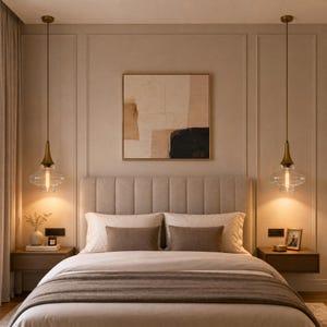 May include: A bedroom featuring a tufted headboard, two wooden nightstands, and two brass pendant lights with clear glass shades hanging on either side. A square abstract painting with beige and black tones hangs above the bed.