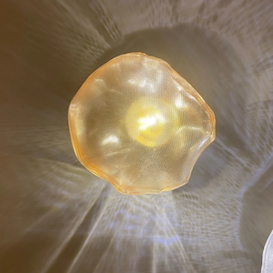 May include: A gold-toned, organic-shaped pendant light fixture with a fine mesh texture. The lamp emits a warm, glowing light that projects intricate, radiating patterns onto the surrounding area, creating a soft, diffused illumination effect.