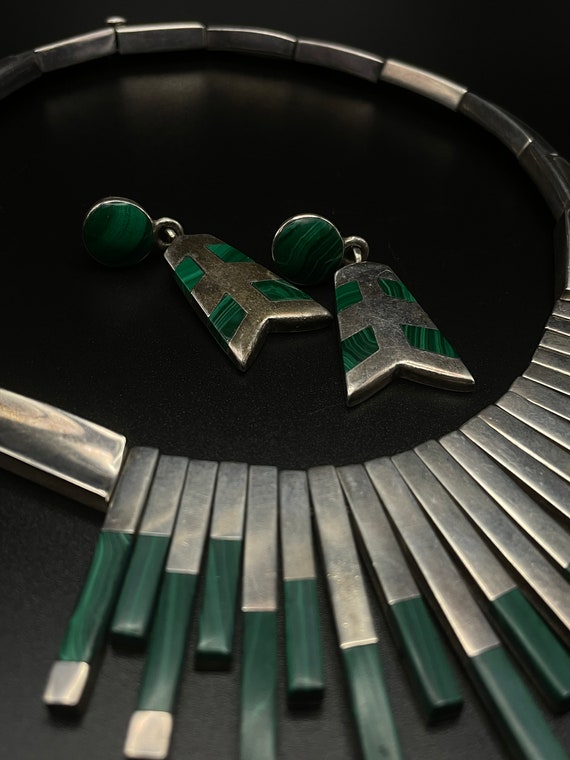 Pendentif Art Déco En Argent Avec Obsidienne Et Malachite - Taxco, Mexique - Bijou Ethnique Occasion