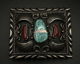 Belt Buckle:  Vintage Oscar Alexius Dry Creek Turquoise and Coral