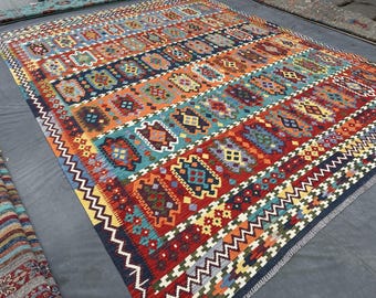 Alfombra enorme de tejido plano anudada a mano, multicolor, para sala de estar/comedor, de 10 x 13,4 pies, única en su tipo.