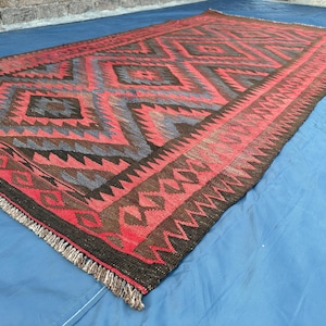 3.10x7.7 ft Qalaynow Handmade Flat weave Long Wide Kilim Rug, Dining Table Antique Distressed Tribal Faded Rug