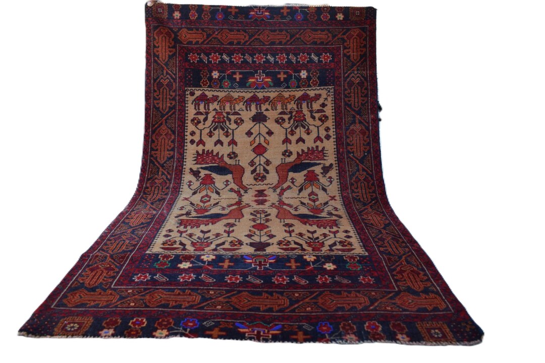Filded Hanging Rug 3.4x5.6 Ft, Antique Pictorial Birds Low Pile Rug, Afghan Handmade Wall ...