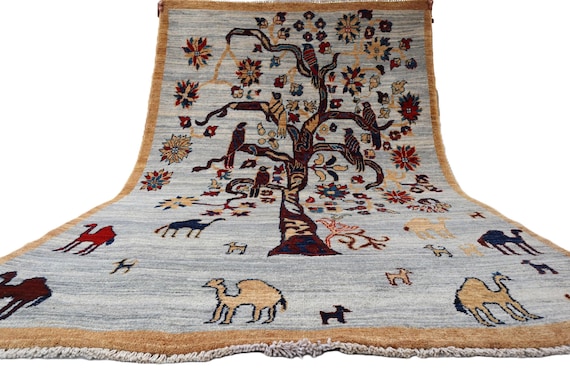 Tree of Life Gabbeh Rug 3x5, Gray Camel Motif Tribal Area Rug, Whimsical Animal Pictorial Rug, Colorful Folk Art Boho Decor Wall Hanging Rug
