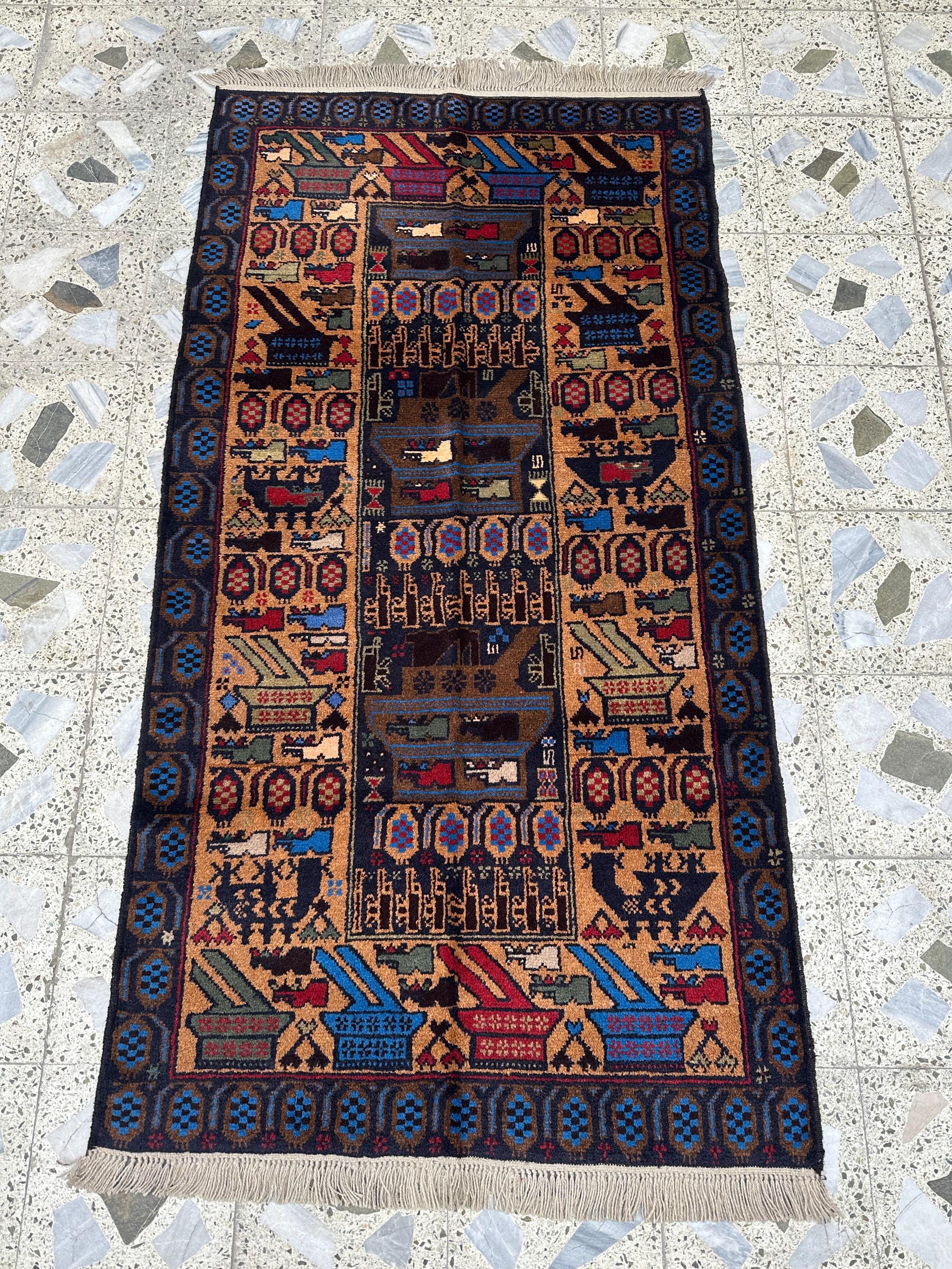 4x6.5 Ft, Hand-knotted Afghan War Rug, Tank AK47 Design