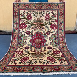 Alfombra única de lana tejida a mano, pelo corto, fantástica alfombra floral de diseño boutique para habitación infantil, 1 x 1,5 metros.