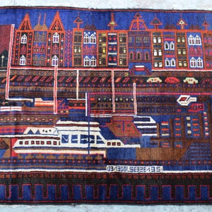 Tapete pictórico de lã feito à mão, River View Apartments, 91 x 140 cm