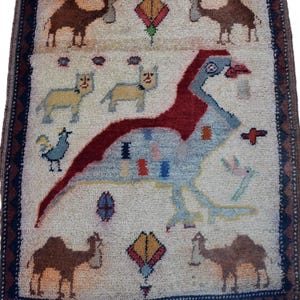 The Partridge,Camel,Cat,Hen Pictorial Mini Rug,Hand made Wall hanging Wool Weaved Decorative Rug , Authentic Ethnic Rug,Small Pictorial Mat