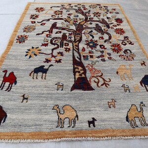 Tree of Life Gabbeh Rug 3x5, Gray Camel Motif Tribal Area Rug, Whimsical Animal Pictorial Rug, Colorful Folk Art Boho Decor Wall Hanging Rug image 2