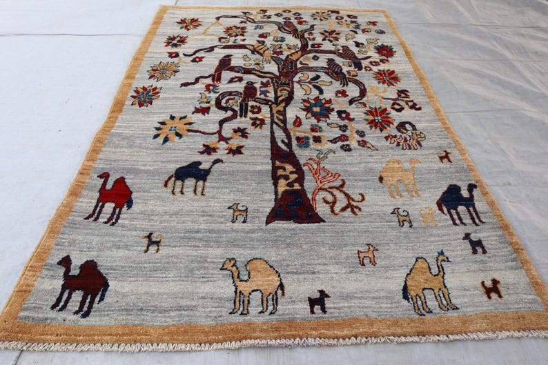 Tree of Life Gabbeh Rug 3x5, Gray Camel Motif Tribal Area Rug, Whimsical Animal Pictorial Rug, Colorful Folk Art Boho Decor Wall Hanging Rug image 2