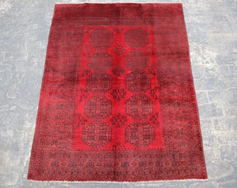 5.2x6.7 ft Vintage Area Rug , Turkmen Bohemain Tribal Rug , Rare Rug , handmade wool Rug  ,Boosting Your home decor Full Pile Soft Red Rug.