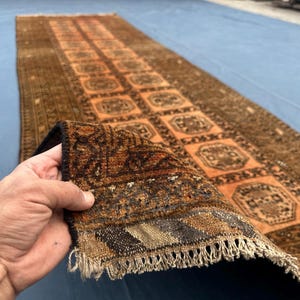 Rare Handmade Wool Runner Rug, Terracotta Faded Tribal home / hall decorative Long Rug, 2.8x9.3 ft