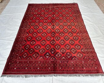 Alfombra Bokhara roja vintage de 2,9 x 2,1 metros, alfombra tribal de lana hecha a mano, alfombra oriental geométrica, alfombra bohemia tradicional, alfombra roja vintage