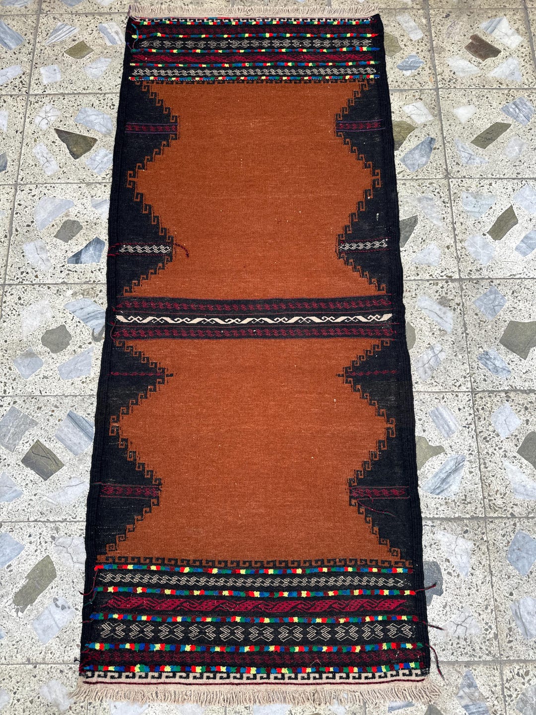 ラグ・カーペット Afghan Hodrang Kilim Hand Knotted Afghan Flatweave Rug, Terracotta Hallway Mini Runner