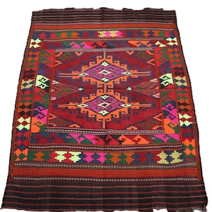 May include: A colorful rug with a geometric pattern in shades of red, orange, pink, green, blue, and yellow. The rug has a dark brown border.