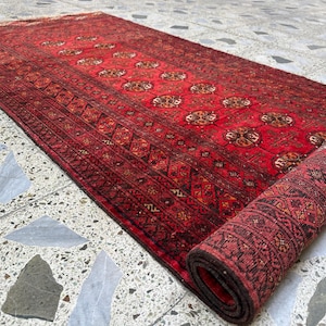 Antique Handmade Runner Rug, Low Pile Bukhara Gull Design Hallway Decor Distressed Runner Rug, (3x8.7 ft)
