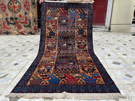 4x6.5 Ft, Hand-knotted Afghan War Rug, Tank AK47 Design