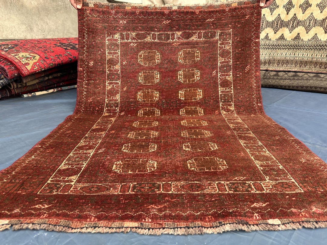 Waziri Rug Authentic Ethnic Antique Low Pile Rug, Natural Dyes Hand-knotted Area ...