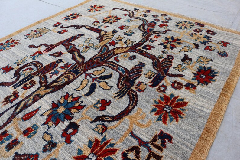 Tree of Life Gabbeh Rug 3x5, Gray Camel Motif Tribal Area Rug, Whimsical Animal Pictorial Rug, Colorful Folk Art Boho Decor Wall Hanging Rug image 6