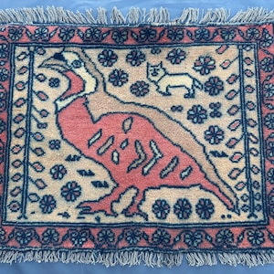 1.6x2.3 ft Partridge Picture Rug , Terracotta Faded Handmade Wall hanging Decorative Rug , Authentic Ethnic Antique Pictorial Soft Wool Rug