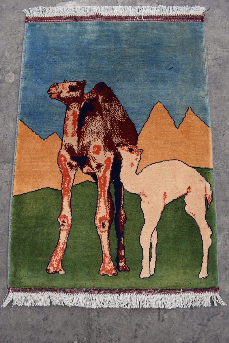 Handmade Wool Pictorial Rug, Camel & Desert Scene, 3x2 Ft - Etsy