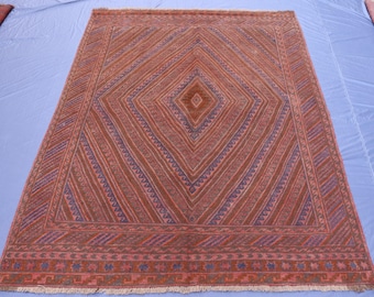 6.6x9 ft, Rust Red Tribal Mushwanui Rug, Handmade Geometric Huge Rug, Terracotta Boho Wool Pattern Area Decor Rug