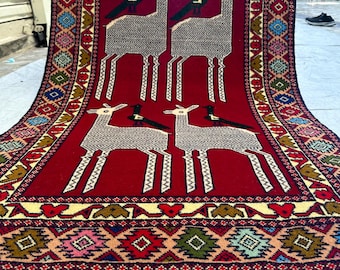 Hand-Knotted Deer Pictorial Rug, Deer Picture Tribal Art Decor Wall hanging Rug (2.10x4.9 ft)