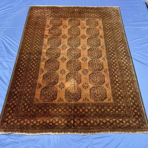 Handmade Turkmen Antique Brown Area Rug, Authentic Wool Dark Camel Living Room Rug, Tribal Geometric Ethnic Decor, Afghan Huge Area Rug