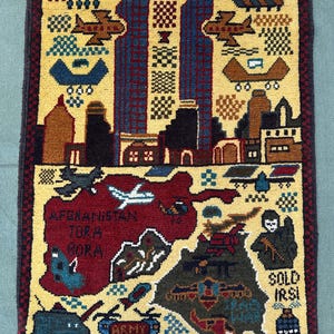 Alfombra de las Torres Gemelas de la Guerra de Afganistán, anudada a mano, alfombra pictórica del 11-S / Alfombra pequeña de lana con mapa de Afganistán de Tora Bora, decoración de pared con historia militar