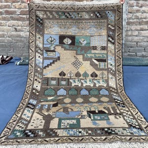 Handgemaakt tapijt met afbeeldingen 3 x 5, Afghaans landschap uniek baluchondeken, wollen tapijt voor volkskunst, bruinblauw tapijt, klein eigenzinnig accenttapijt