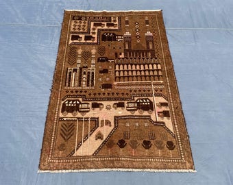 Tapete Baluchi com Paisagem Urbana 3x4,4, Afegão Pictórico com Trem e Arquitetura, Tecido à Mão, Tapete Vintage Marrom, Decoração Exclusiva para Quarto Infantil
