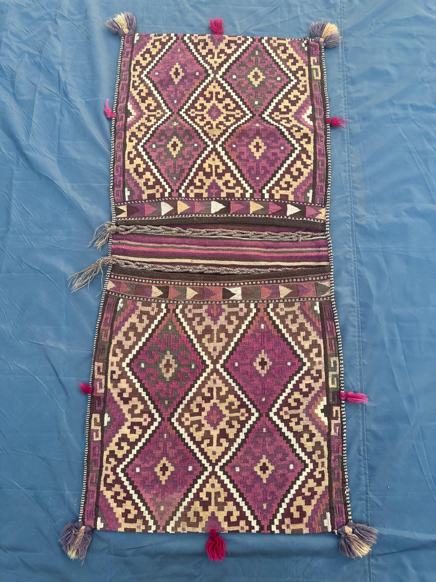 2.6x5.7 ft Southwestern Afghan Hand knotted Flat weave Saddle bag , Horse Cover, Keeping Bicycle & Motorcycle budgets , Strong Wool Handmade