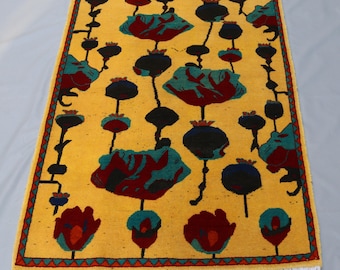 Afghan Hand Knotted Wool Rug, Brutalist Accent Tribal Area Rug, Unique Men Gift Opium Handwoven Pictorial Rug