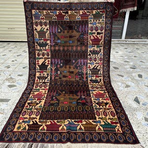 3.6x6.2 ft, Afghan Tribal War Rug, Hand-Knotted Wool, Vintage Pictorial Decor