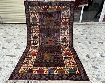 3.6x6.2 ft, Afghan Tribal War Rug, Hand-Knotted Wool, Vintage Pictorial Decor
